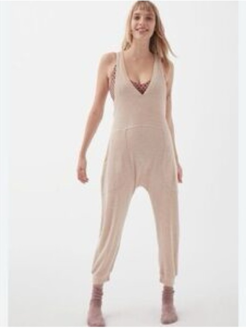 Urban Outfitters Out From Under Oatmeal Sleeveless V-Neck Knit Jumpsuit